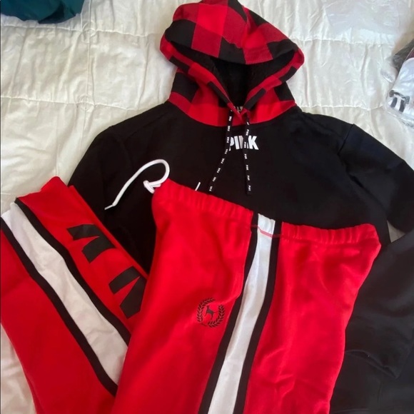 PINK VS Sherpa lined campus hoodie boyfriend pant red buffalo check 2018 - Picture 4 of 16